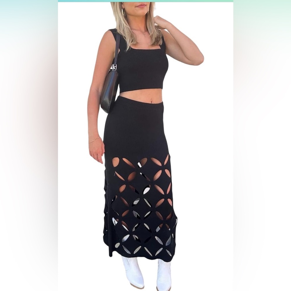 Elegant Black Midi Pencil Skirt with Cut-Out Details COPY - S